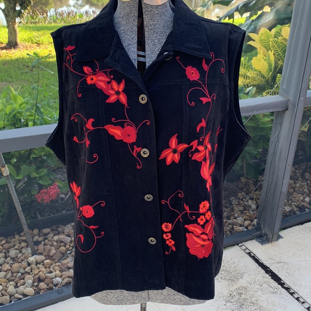 TanJay black vest with red embroidered floral design front and back